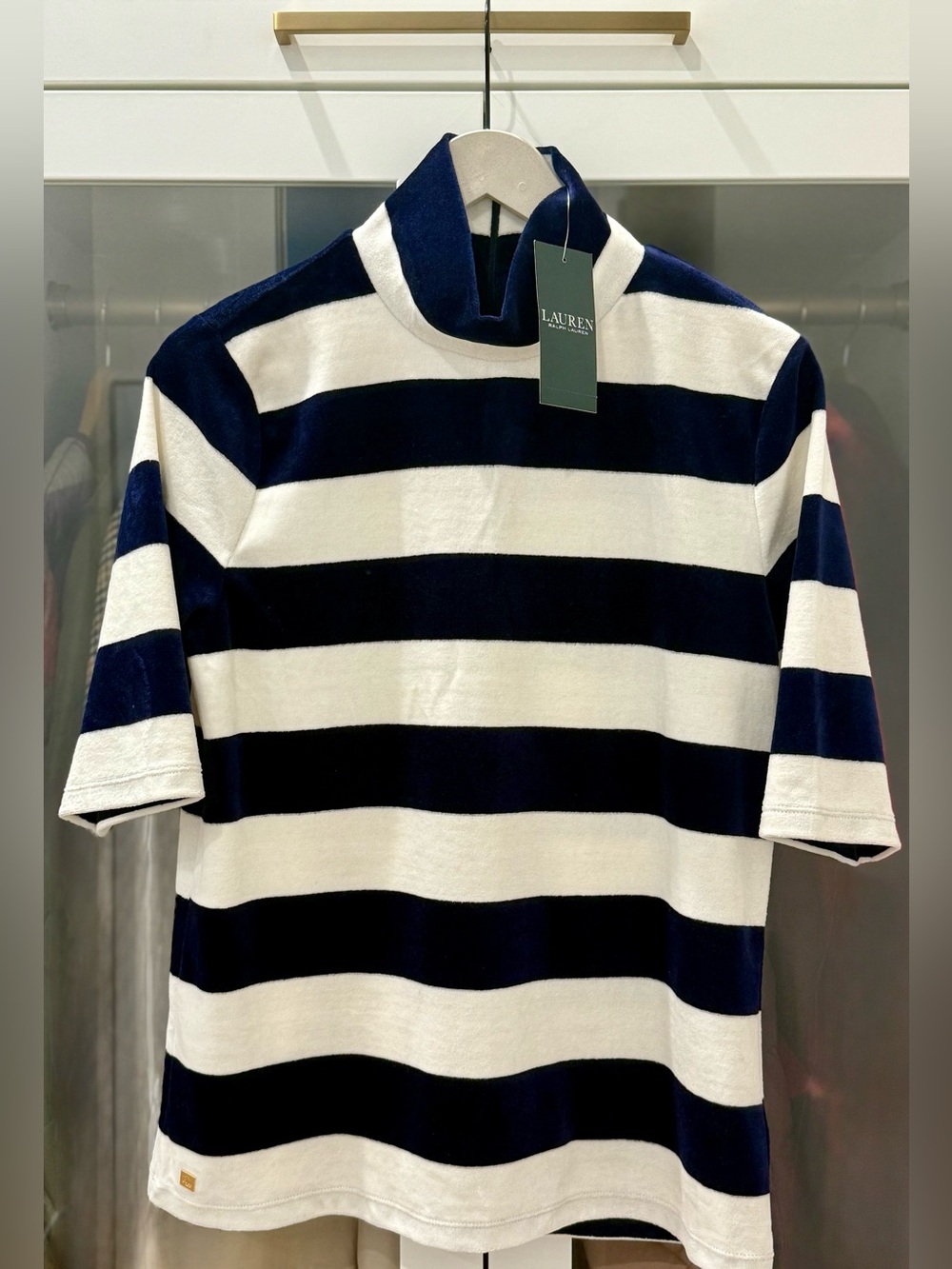 NWT Lauren Ralph Lauren Navy & Ivory Velour Mock Neck Top – Size Large